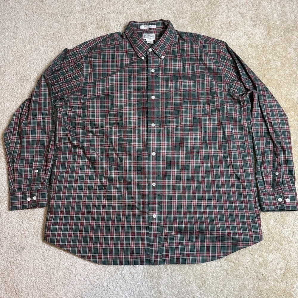 L.L.Bean Button Down Shirt Mens XXL Green Red Plaid Wrinkle Free Traditional